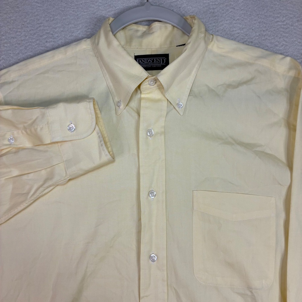 Vintage Lands End Pinpoint Oxford Shirt Men 15.5x35 Yellow Business OCBD 90s